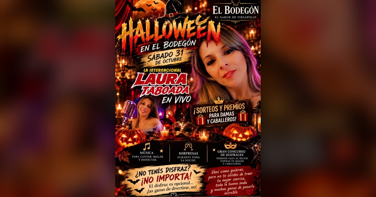 Flyer de Halloween en El Bodegón, Piriápolis, con Laura Taboada en vivo