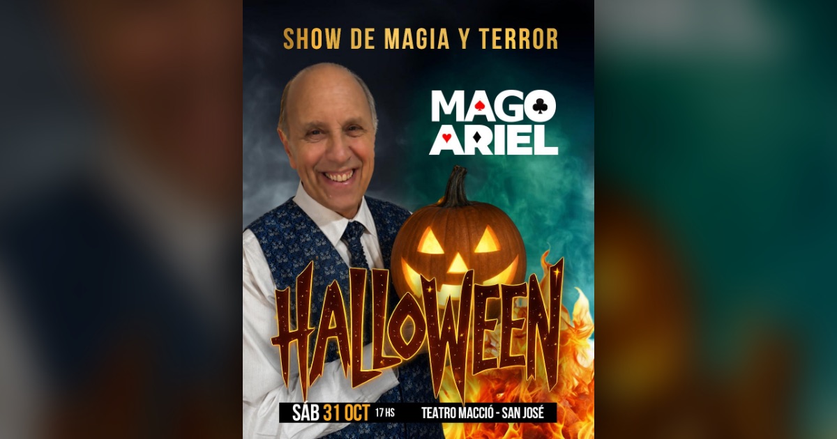 Flyer del show de magia y terror de Halloween del Mago Ariel en el Teatro Macció